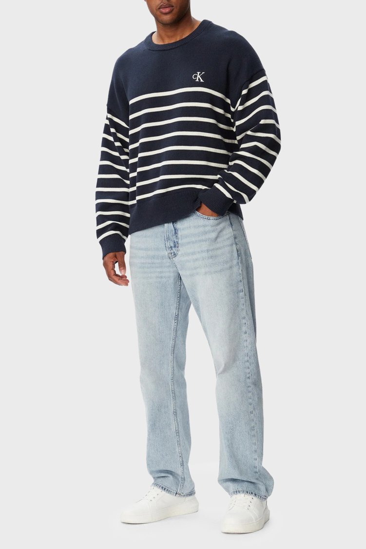Calvin Klein % 100 Pamuk Çizgili Relaxed Fit LV04RG305GCEF Erkek Sweat LV04RG305G CEF LACİVERT - Calvin Klein (1)