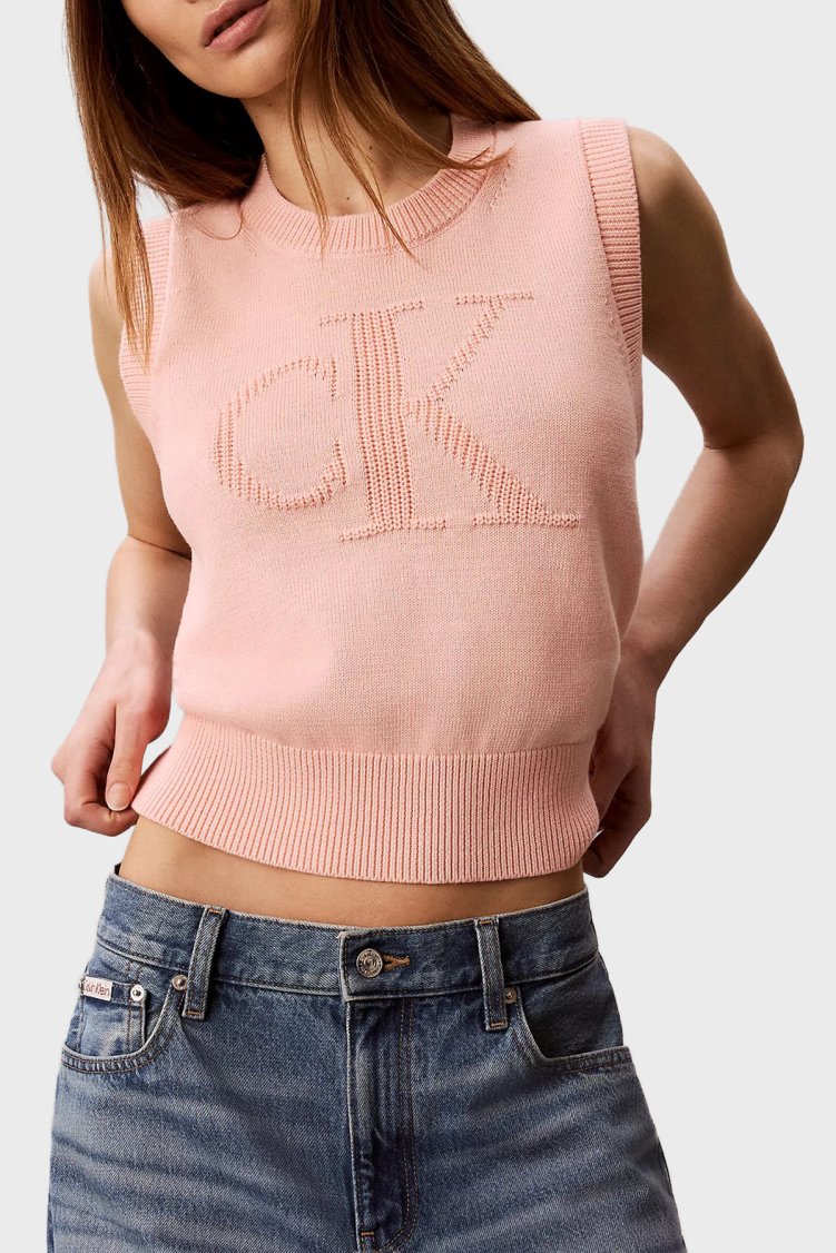 Calvin Klein % 100 Pamuk Dokulu Logo Monogramlı LV047G321G4TJ Kadın Süveter LV047G321G 4TJ Şeftali - Calvin Klein