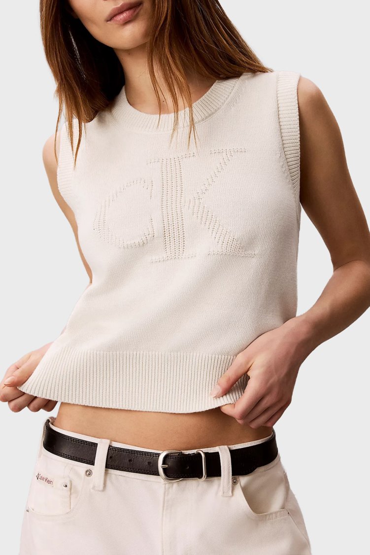 Calvin Klein % 100 Pamuk Dokulu Logo Monogramlı LV047G321GYAS Kadın Süveter LV047G321G YAS Krem - Calvin Klein