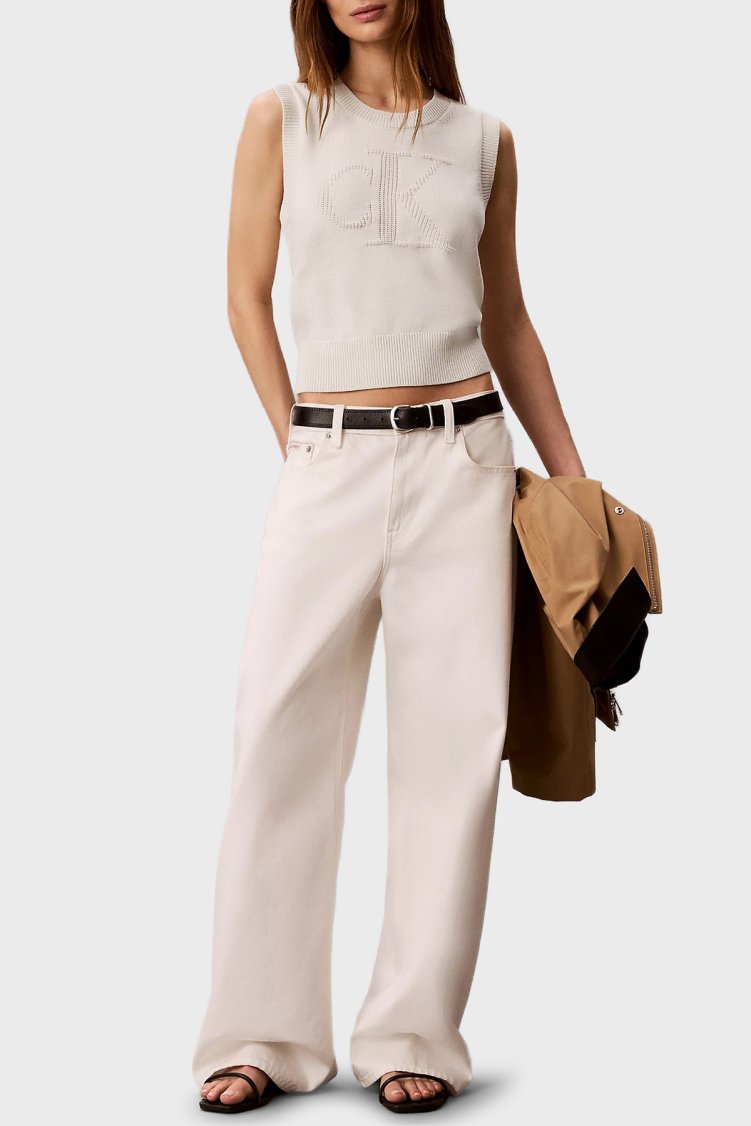 Calvin Klein % 100 Pamuk Dokulu Logo Monogramlı LV047G321GYAS Kadın Süveter LV047G321G YAS Krem - Calvin Klein (1)