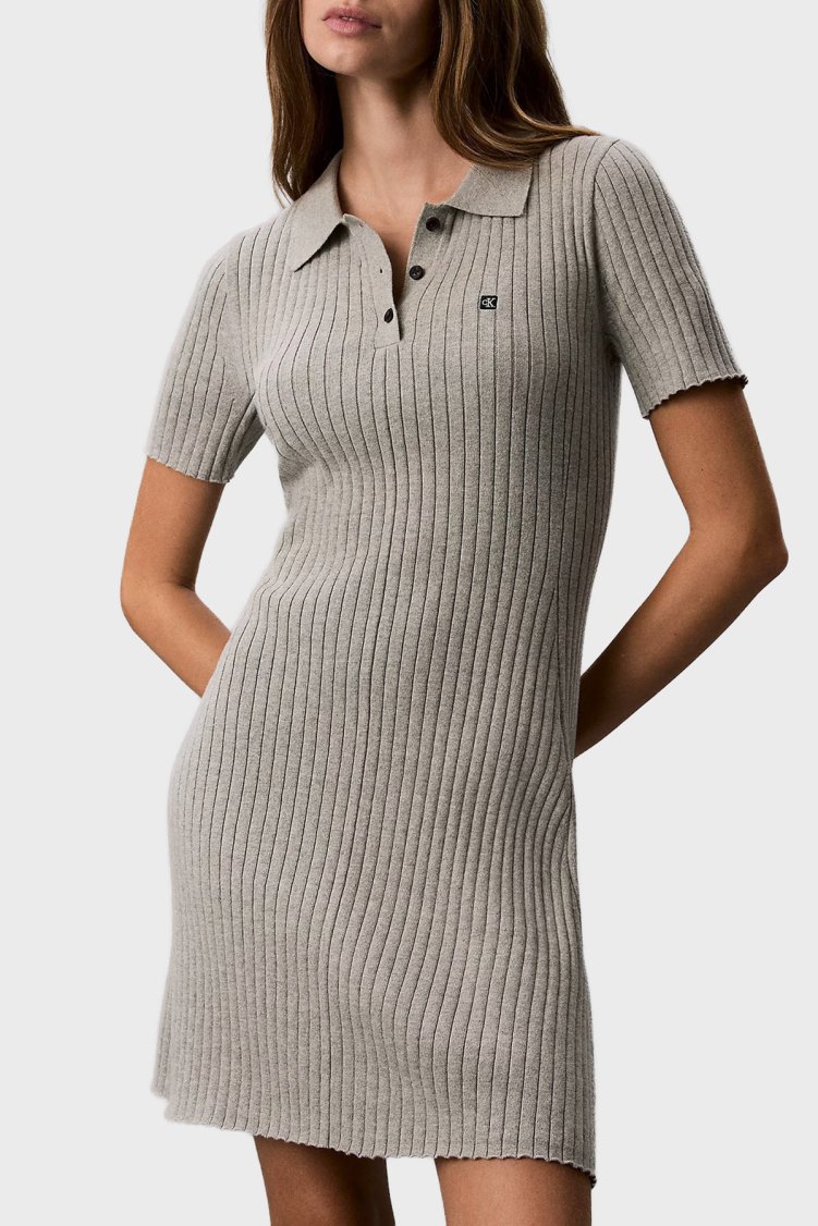 Calvin Klein % 100 Pamuk Fitilli Düğmeli Polo Yaka Mini LV047G301GP7A Kadın Elbise LV047G301G P7A GRİ MELANJ - Calvin Klein