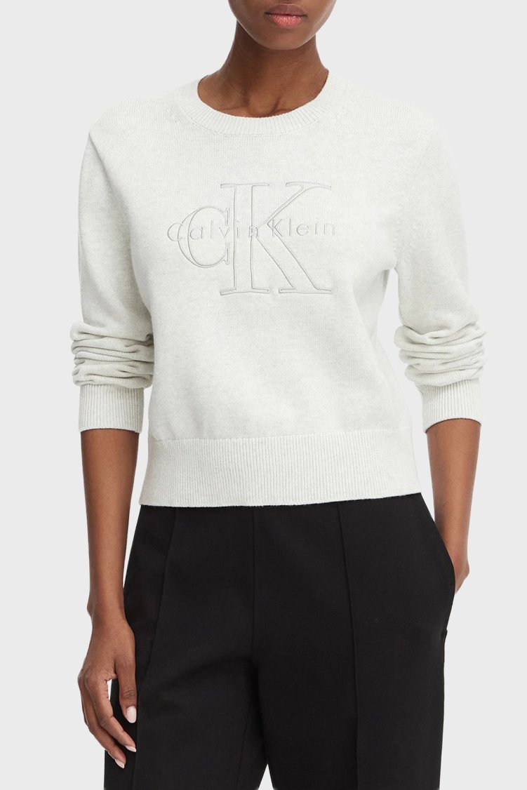 Calvin Klein % 100 Pamuk Logo Monogramlı LV047G322GP74 Kadın Sweat LV047G322G P74 AÇIK GRİ MELANJ - Calvin Klein