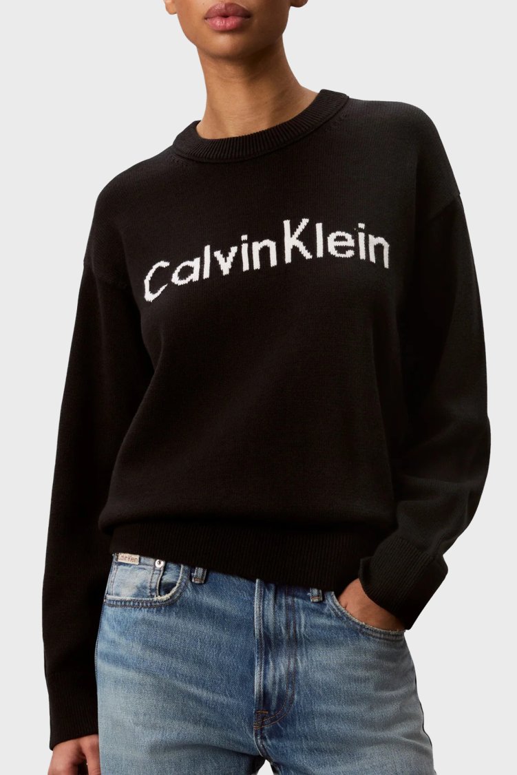 Calvin Klein % 100 Pamuk Logolu Bisiklet Yaka Örme LV044G313GUB1 Kadın Kazak LV044G313G UB1 SİYAH - Calvin Klein