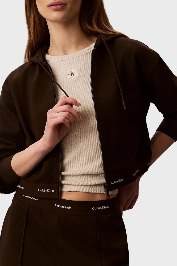 Calvin Klein % 100 Pamuk Logolu Regular Fit Fermuarlı Kapüşon Yaka LV047G252GTO2 Kadın Sweat LV047G252G TO2 KAHVE - Calvin Klein