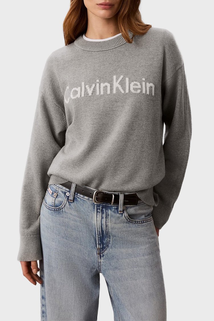 Calvin Klein % 100 Pamuk Logolu Relaxed Fit Bisiklet Yaka LV044G313GP7A Kadın Kazak LV044G313G P7A GRİ MELANJ - Calvin Klein
