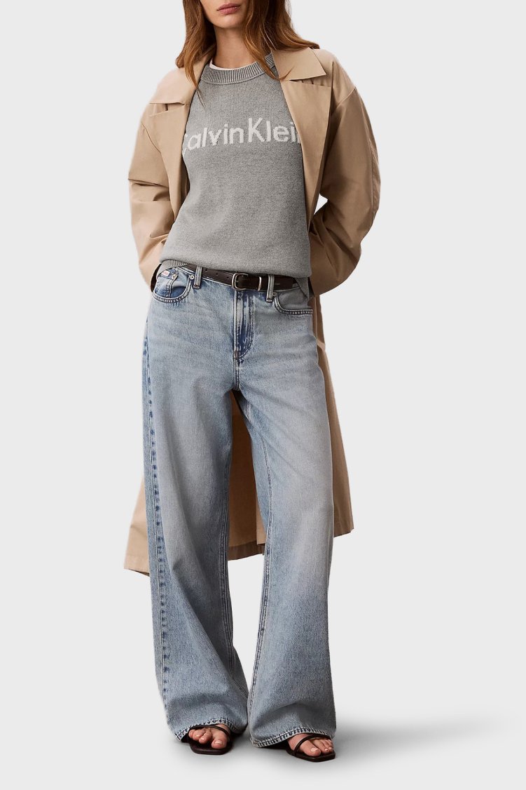 Calvin Klein % 100 Pamuk Logolu Relaxed Fit Bisiklet Yaka LV044G313GP7A Kadın Kazak LV044G313G P7A GRİ MELANJ - Calvin Klein (1)