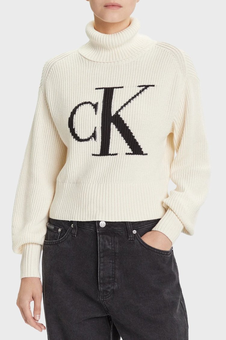 Calvin Klein % 100 Pamuk Loose Fit Balıkçı Yaka Logolu LV047D349G101 Bayan Kazak LV047D349G 101 BEYAZ - Calvin Klein