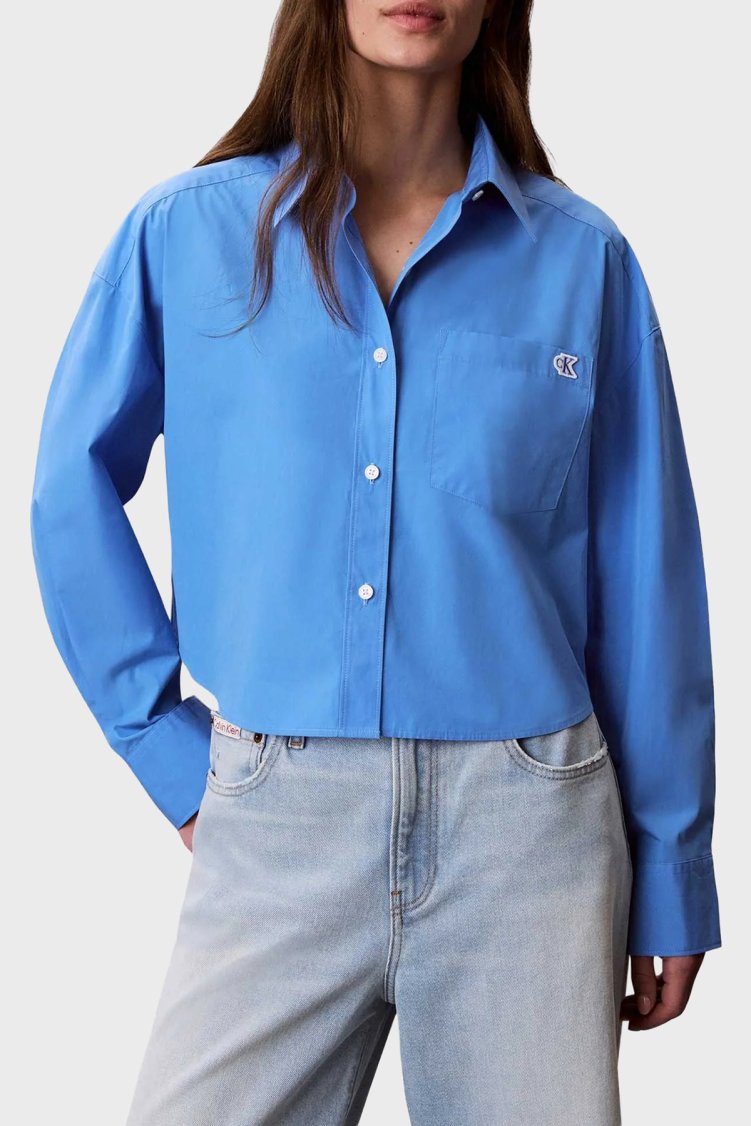 Calvin Klein % 100 Pamuk Poplin Logolu Kısa LV047F104GCG1 Kadın Gömlek LV047F104G CG1 MAVİ - Calvin Klein