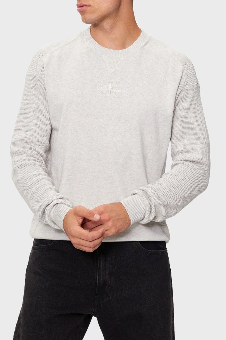 Calvin Klein % 100 Pamuk Regular Fit Bisiklet Yaka J30J325671P6G Erkek Kazak J30J325671 P6G AÇIK GRİ - Calvin Klein