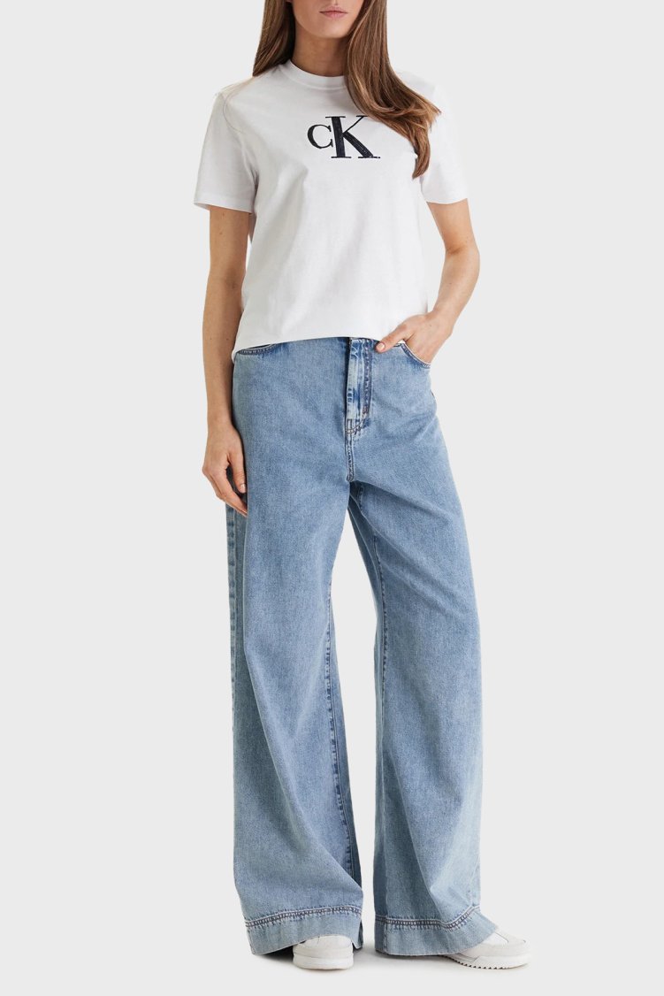 Calvin Klein % 100 Pamuk Regular Fit Bisiklet Yaka LV044E215GYAA Kadın T Shirt LV044E215G YAA BEYAZ - Calvin Klein