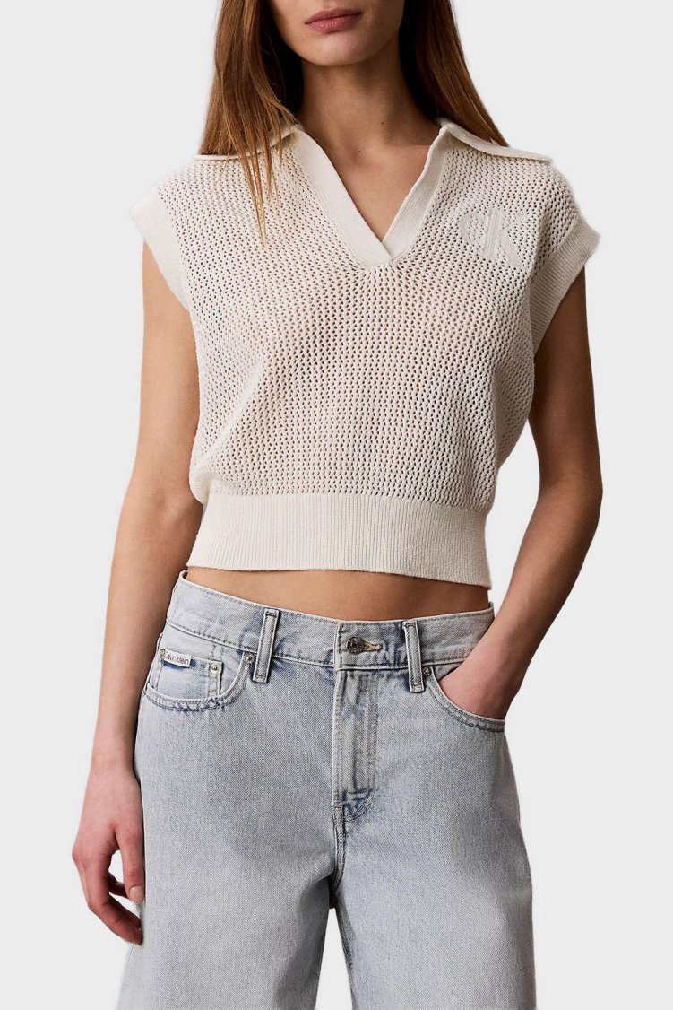 Calvin Klein % 100 Pamuk Regular Fit Logo Nakışlı Kadın Polo LV047G303G YAS KREM - Calvin Klein