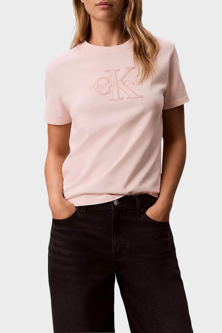 Calvin Klein % 100 Pamuk Regular Fit Logolu Kadın T Shirt LV047G829G VG3 PUDRA - Calvin Klein