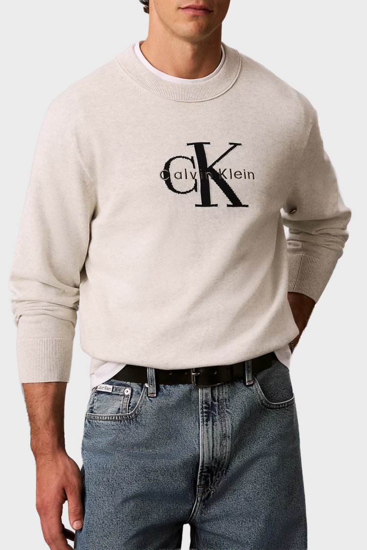 Calvin Klein % 100 Pamuk Relaxed Fit Bisiklet Yaka LV04RH320GP74 Erkek Kazak LV04RH320G P74 Açık gri melanj - Calvin Klein