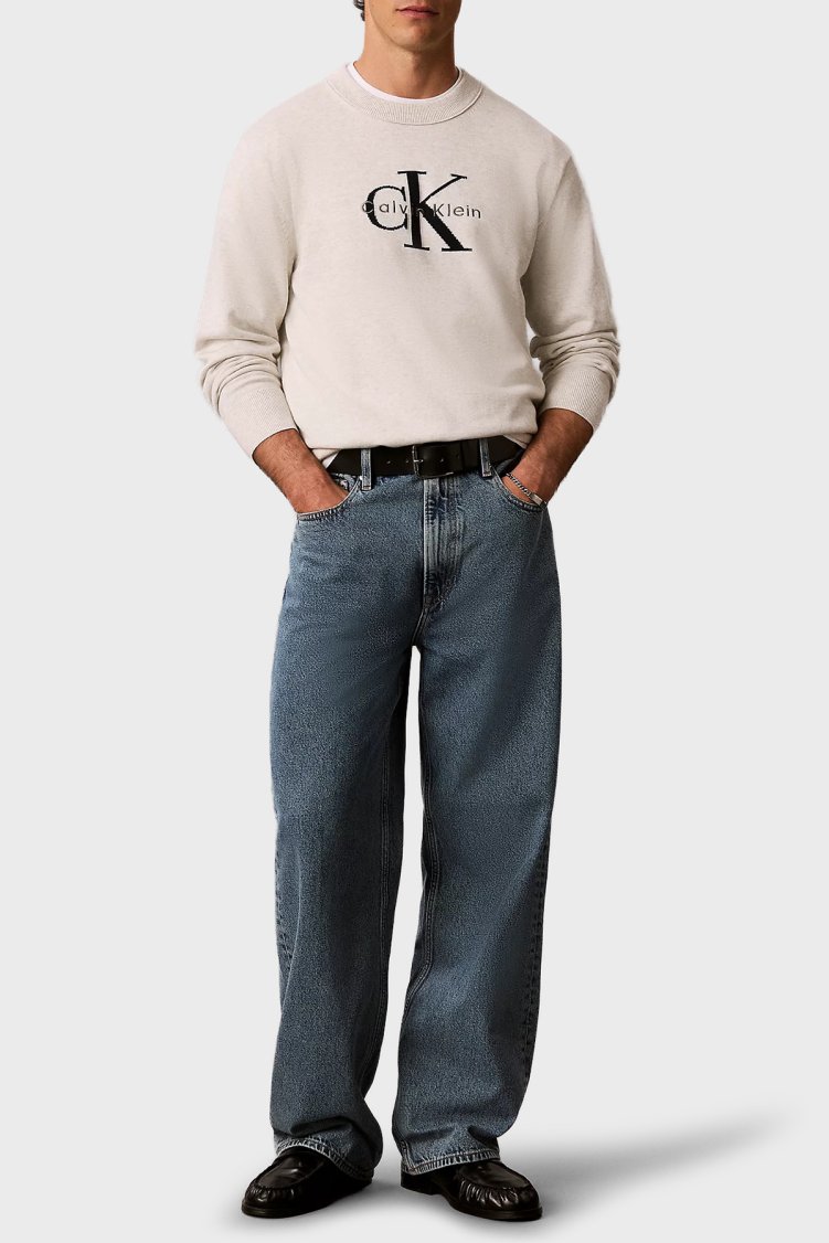 Calvin Klein % 100 Pamuk Relaxed Fit Bisiklet Yaka LV04RH320GP74 Erkek Kazak LV04RH320G P74 Açık gri melanj - Calvin Klein (1)