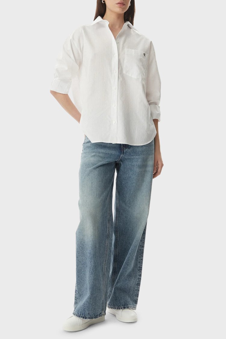 Calvin Klein % 100 Pamuk Relaxed Fit Logolu Klasik Yaka LV047G126GYAA Kadın Gömlek LV047G126G YAA BEYAZ - Calvin Klein (1)