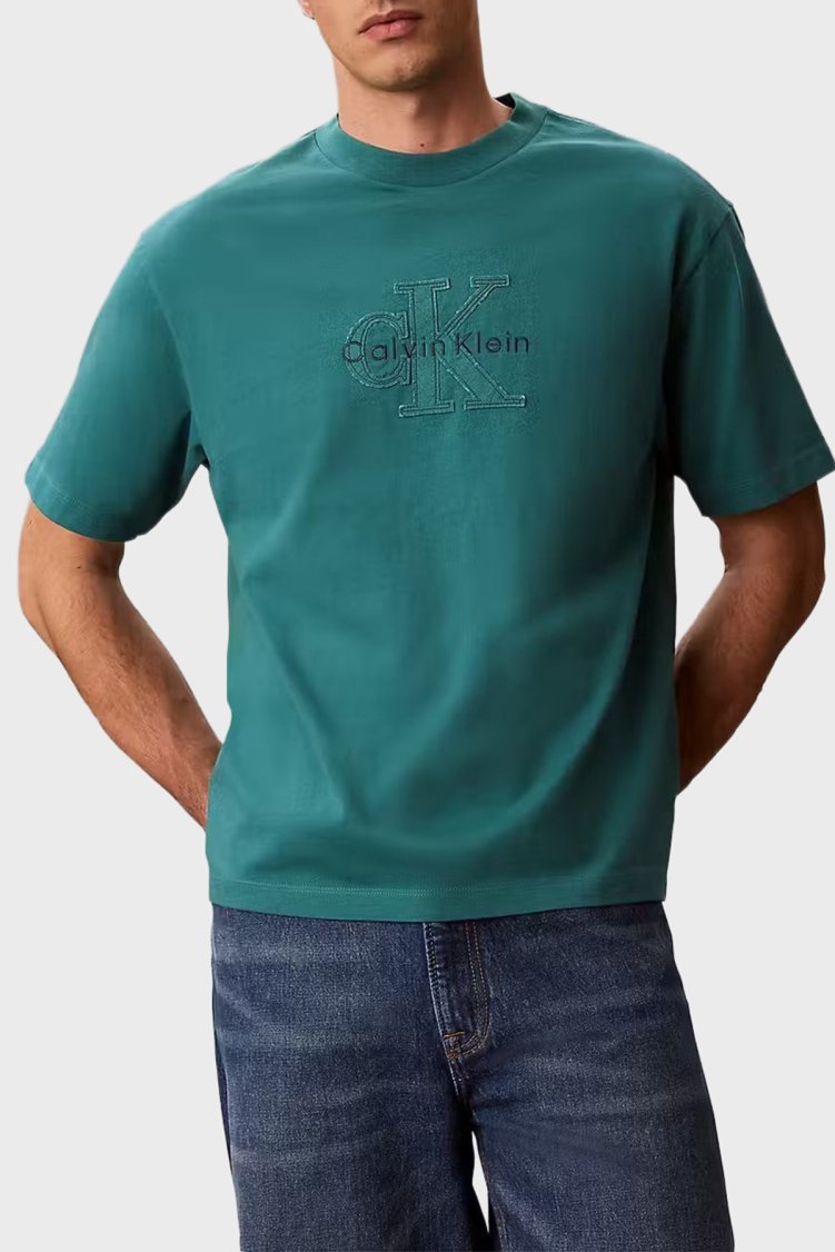 Calvin Klein % 100 Pamuk Relaxed Fit Logolu LV04RG814G8ZU Erkek T Shirt LV04RG814G 8ZU PETROL - Calvin Klein