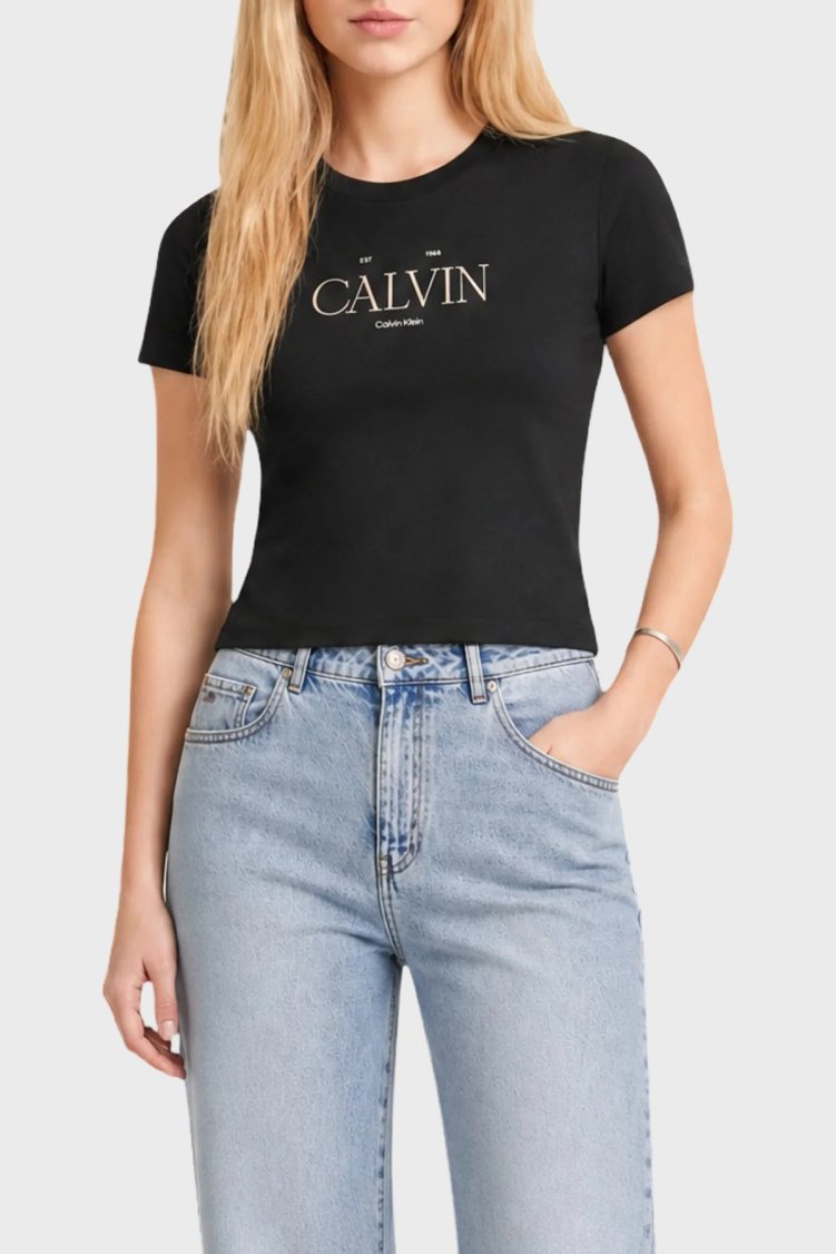 Calvin Klein % 100 Pamuk Slim Fit Bisiklet Yaka LV047G806GUB1 Kadın T Shirt LV047G806G UB1 Siyah - Calvin Klein