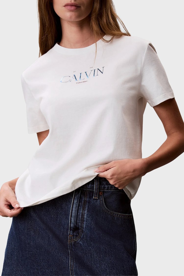 Calvin Klein % 100 Pamuk Slim Fit Bisiklet Yaka LV047G806GYAS Kadın T Shirt LV047G806G YAS Krem - Calvin Klein