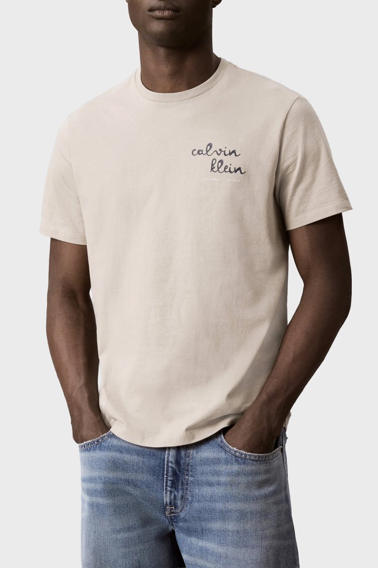 Calvin Klein % 100 Pamuk Slim Fit Bisiklet Yaka LV04RG837GPED Erkek T Shirt LV04RG837G PED Bej - Calvin Klein