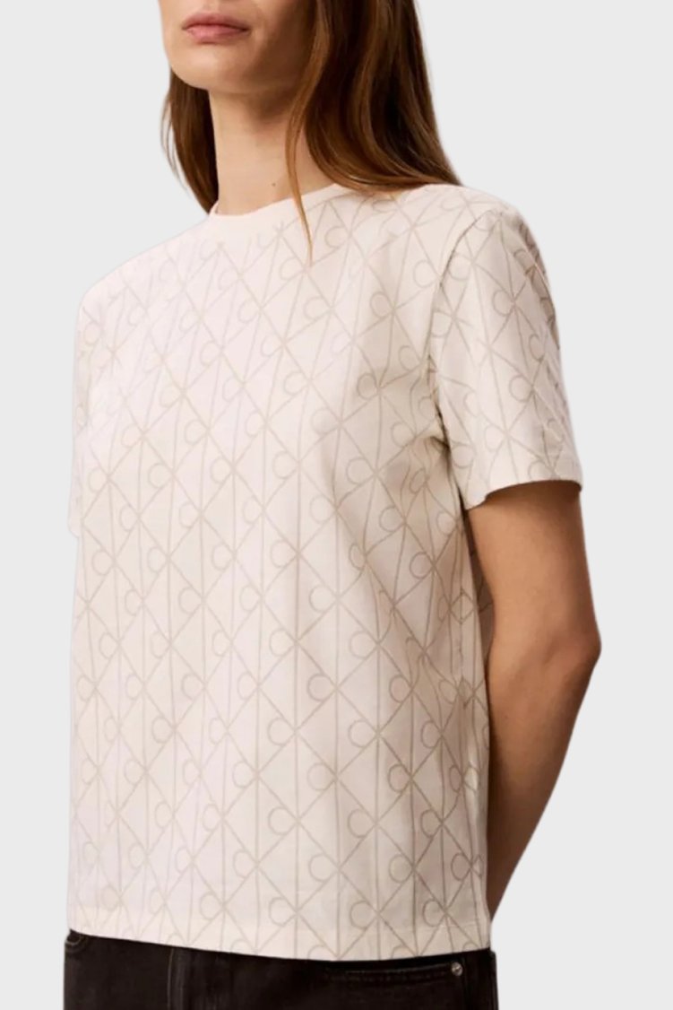 Calvin Klein % 100 Pamuk Tamamı Logolu Regular Fit LV047G811GYAS Kadın T Shirt LV047G811G YAS KREM - Calvin Klein