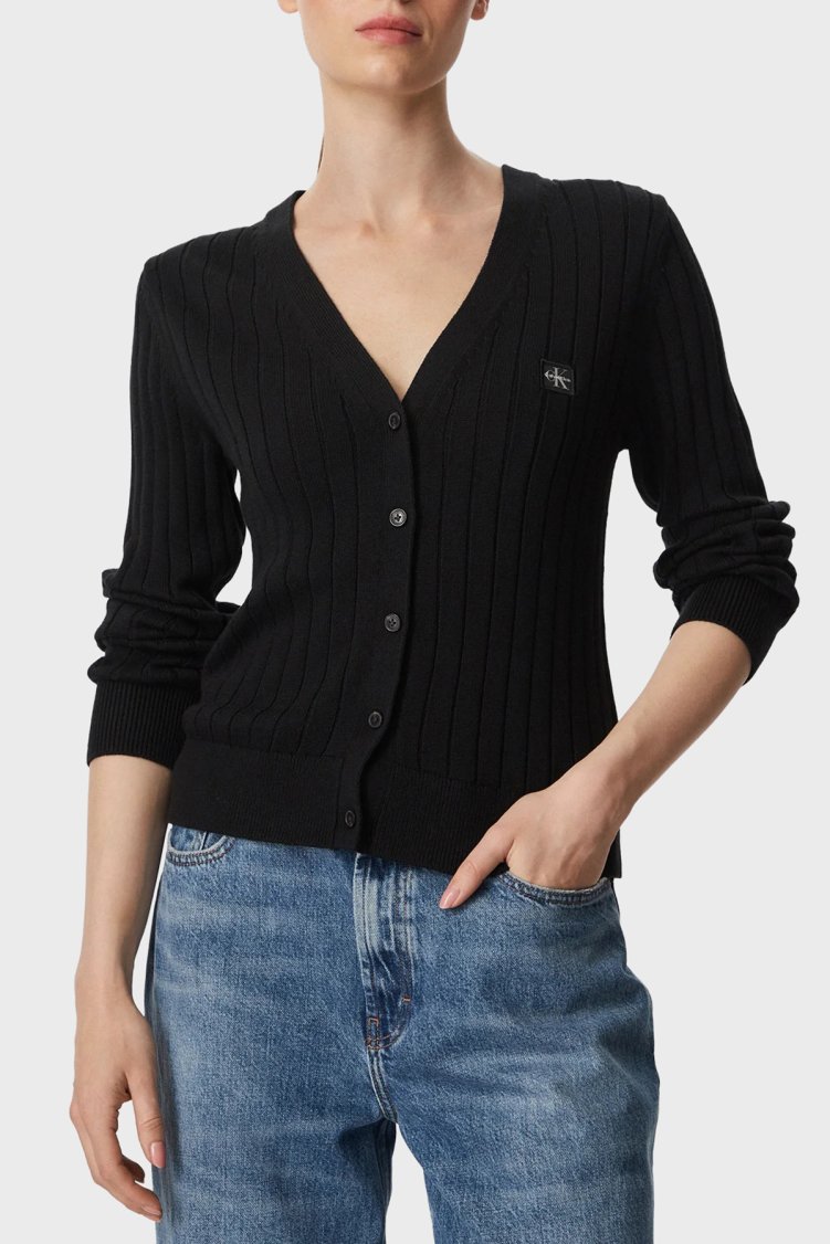 Calvin Klein % 100 Pamuk V Yaka Düğmeli LV047H305GUB1 Kadın Kazak LV047H305G UB1 Siyah - Calvin Klein