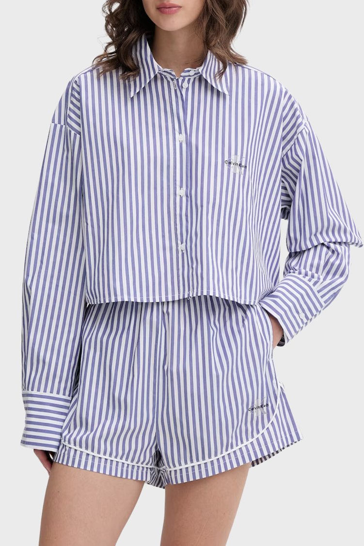 Calvin Klein Çizgili Cropped Fit Pamuklu Poplin LV00QS7605519 Kadın Gömlek LV00QS7605 519 MOR - Calvin Klein