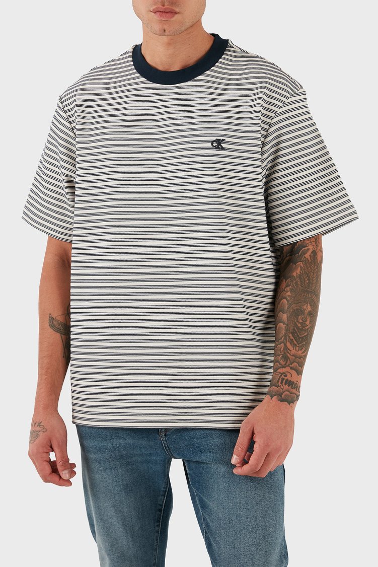 Calvin Klein Çizgili Pamuklu Regular Fit Bisiklet Yaka LV04LD204G67U Erkek T Shirt LV04LD204G 67U BEYAZ - Calvin Klein