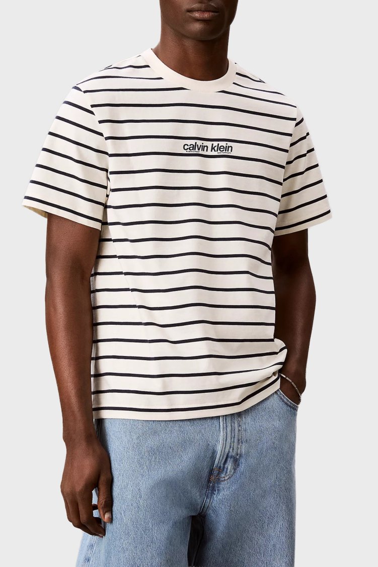 Calvin Klein Çizgili Pamuklu Relaxed Fit Bisiklet Yaka LV04RG236GYAS Erkek T Shirt LV04RG236G YAS KREM - Calvin Klein