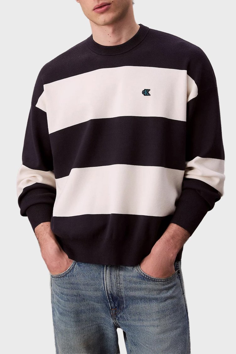 Calvin Klein Çizgili Relaxed Fit Bisiklet Yaka LV04RC304GCHW Erkek Kazak LV04RC304G CHW LACİVERT-BEYAZ - Calvin Klein