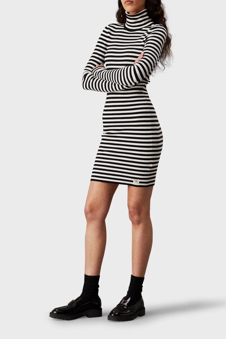 Calvin Klein Çizgili Slim Fit Balıkçı Yaka Mini J20J224150YBI Kadın Elbise J20J224150 YBI BEYAZ-SİYAH - Calvin Klein