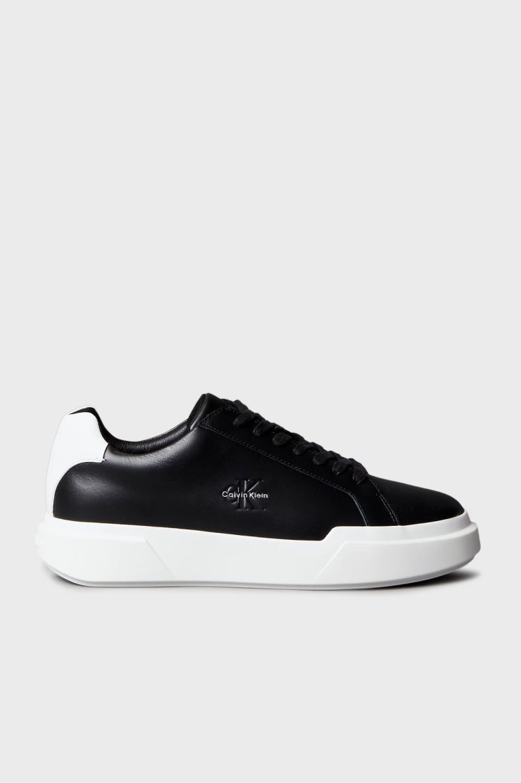 Calvin Klein Deri Logolu Kalın Taban Sneaker YM0YM013440GM Erkek Ayakkabı YM0YM01344 0GM SİYAH-BEYAZ - Calvin Klein