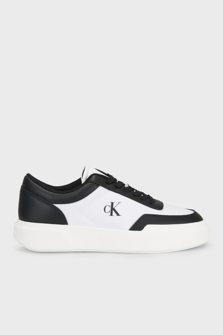 Calvin Klein Deri Logolu Sneaker HM0HM0232601W Erkek Ayakkabı HM0HM02326 01W Beyaz-siyah - Calvin Klein