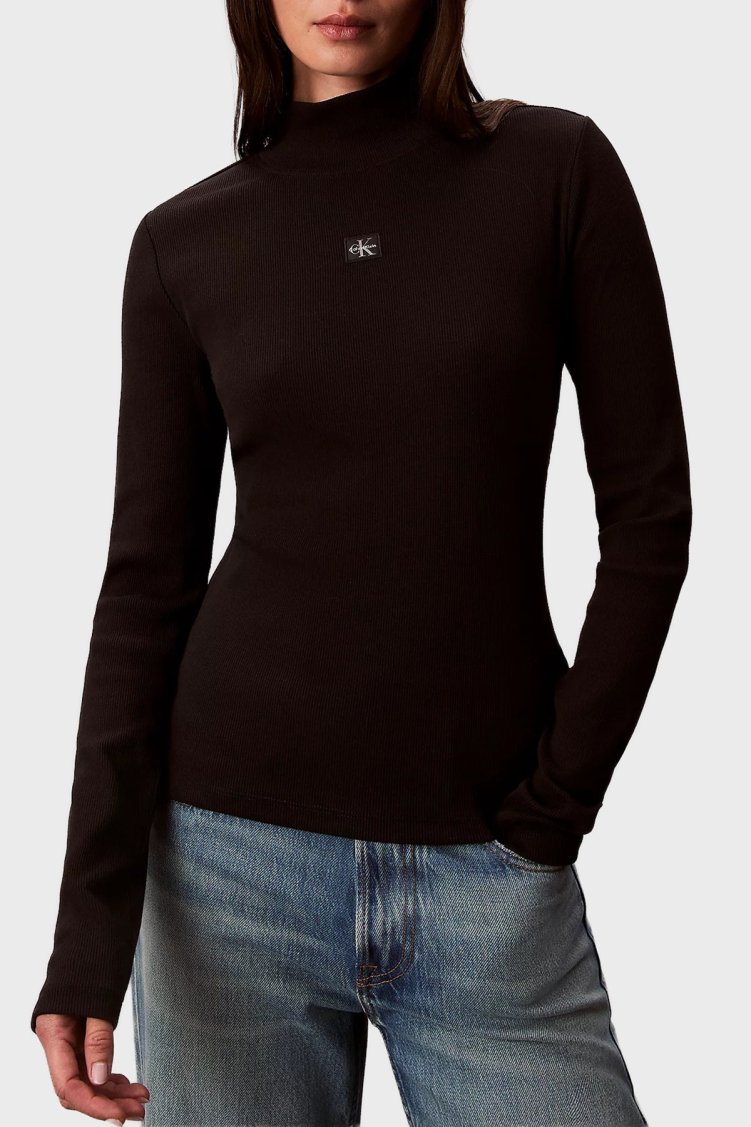 Calvin Klein Fitilli Logolu Pamuklu Slim Fit Balıkçı Yaka LV047D203GUB1 Bayan Kazak LV047D203G UB1 SİYAH - Calvin Klein