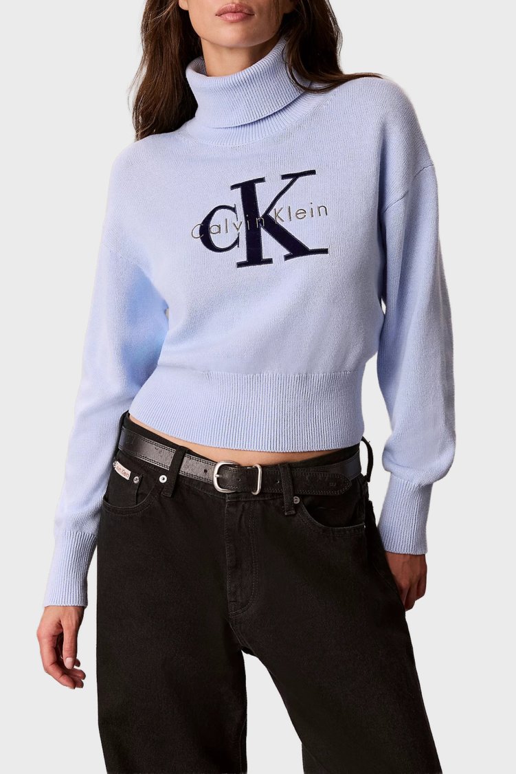 Calvin Klein Logolu % 100 Pamuk Balıkçı Yaka LV047H329GC3Q Kadın Kazak LV047H329G C3Q Lila - Calvin Klein