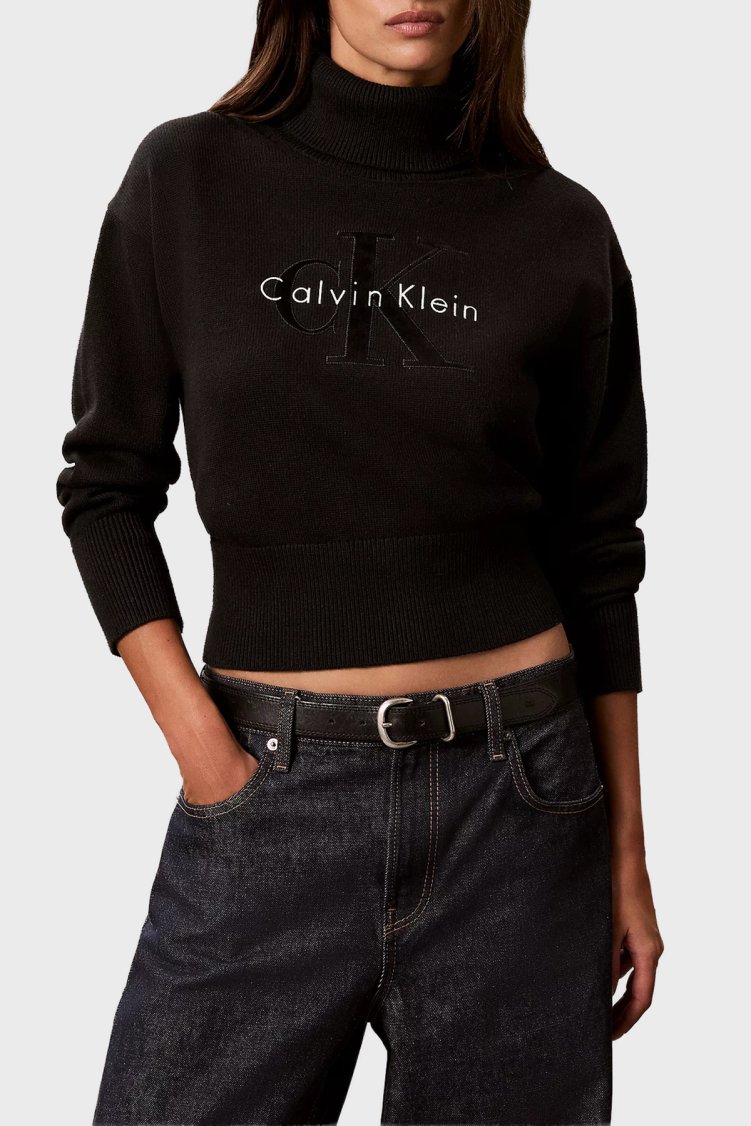Calvin Klein Logolu % 100 Pamuk Balıkçı Yaka LV047H329GUB1 Kadın Kazak LV047H329G UB1 Siyah - Calvin Klein