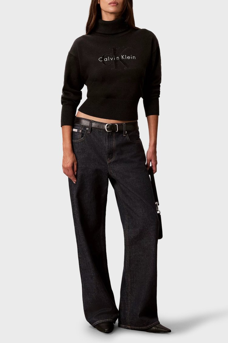 Calvin Klein Logolu % 100 Pamuk Balıkçı Yaka LV047H329GUB1 Kadın Kazak LV047H329G UB1 Siyah - Calvin Klein (1)