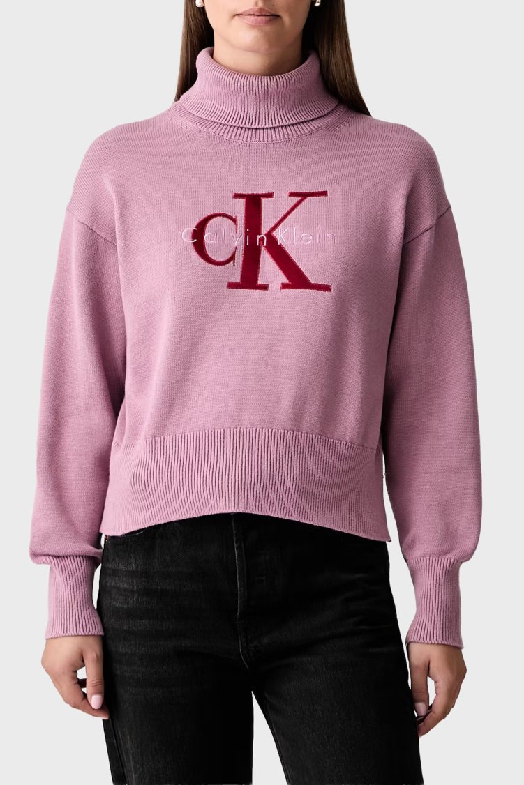 Calvin Klein Logolu % 100 Pamuk Balıkçı Yaka LV047H329GVCB Kadın Kazak LV047H329G VCB Pembe - Calvin Klein