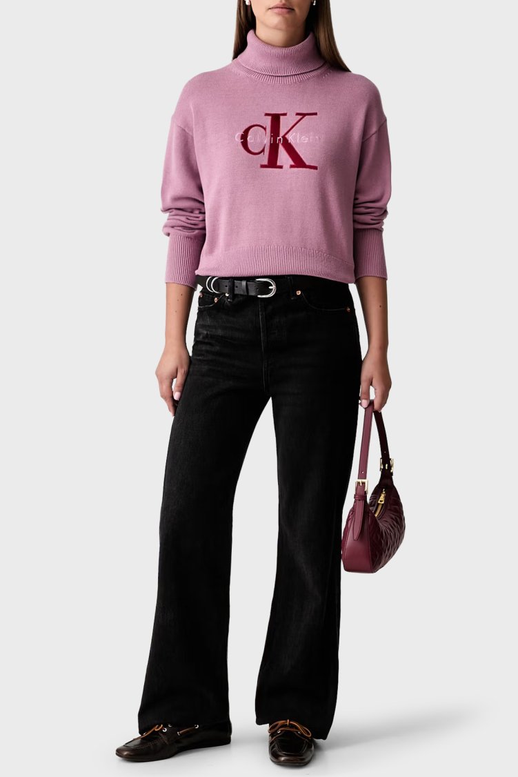 Calvin Klein Logolu % 100 Pamuk Balıkçı Yaka LV047H329GVCB Kadın Kazak LV047H329G VCB Pembe - Calvin Klein (1)