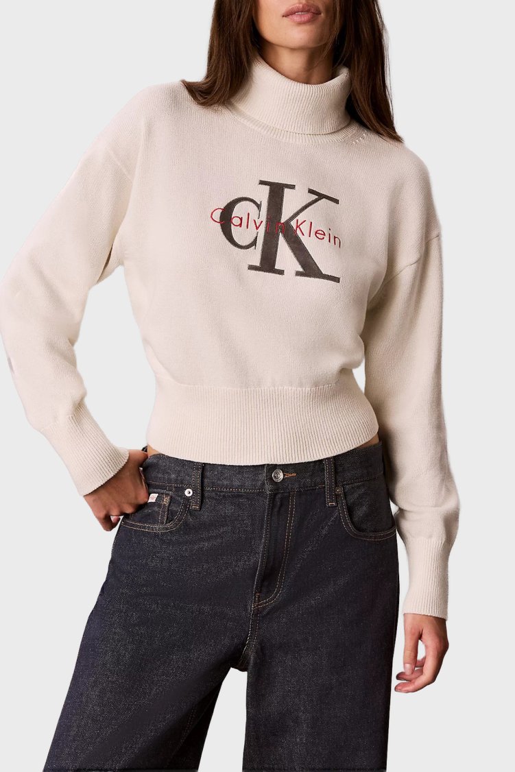Calvin Klein Logolu % 100 Pamuk Balıkçı Yaka LV047H329GYAS Kadın Kazak LV047H329G YAS Krem - Calvin Klein