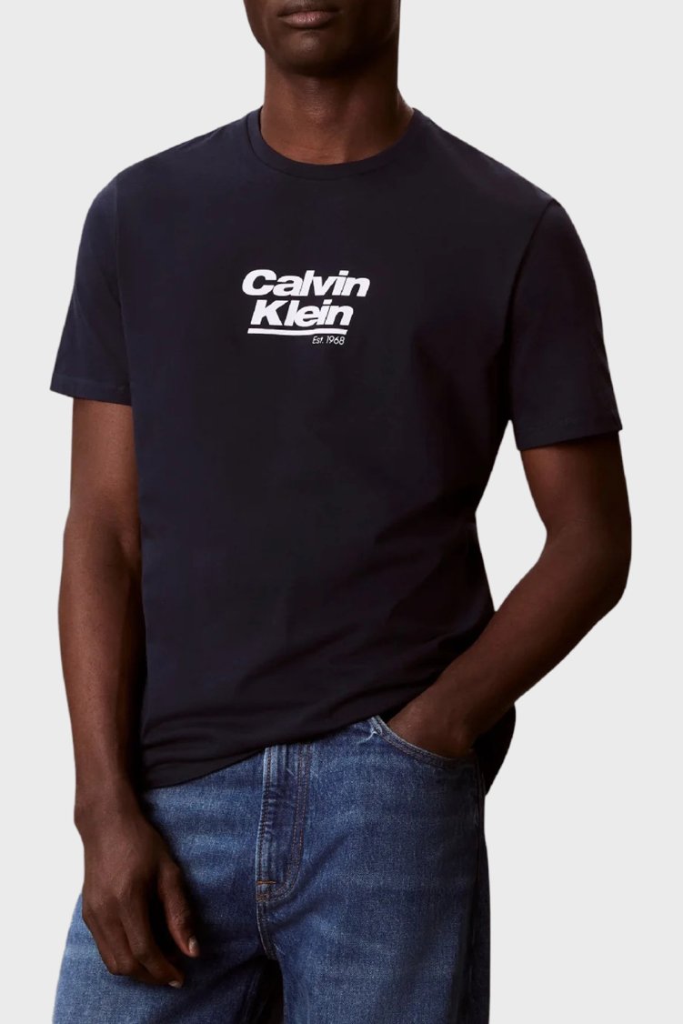 Calvin Klein Logolu % 100 Pamuk Bisiklet Yaka LV14RF803GCEF Erkek T Shirt LV14RF803G CEF LACİVERT - Calvin Klein