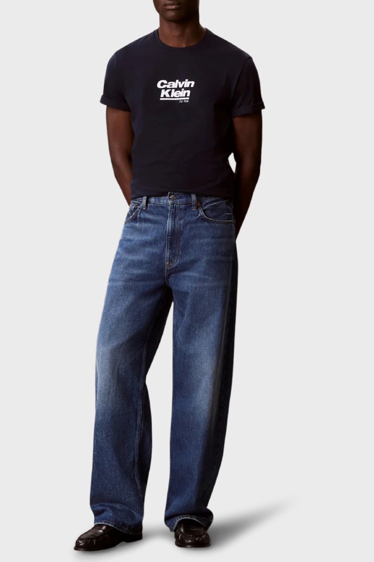 Calvin Klein Logolu % 100 Pamuk Bisiklet Yaka LV14RF803GCEF Erkek T Shirt LV14RF803G CEF LACİVERT - Calvin Klein (1)