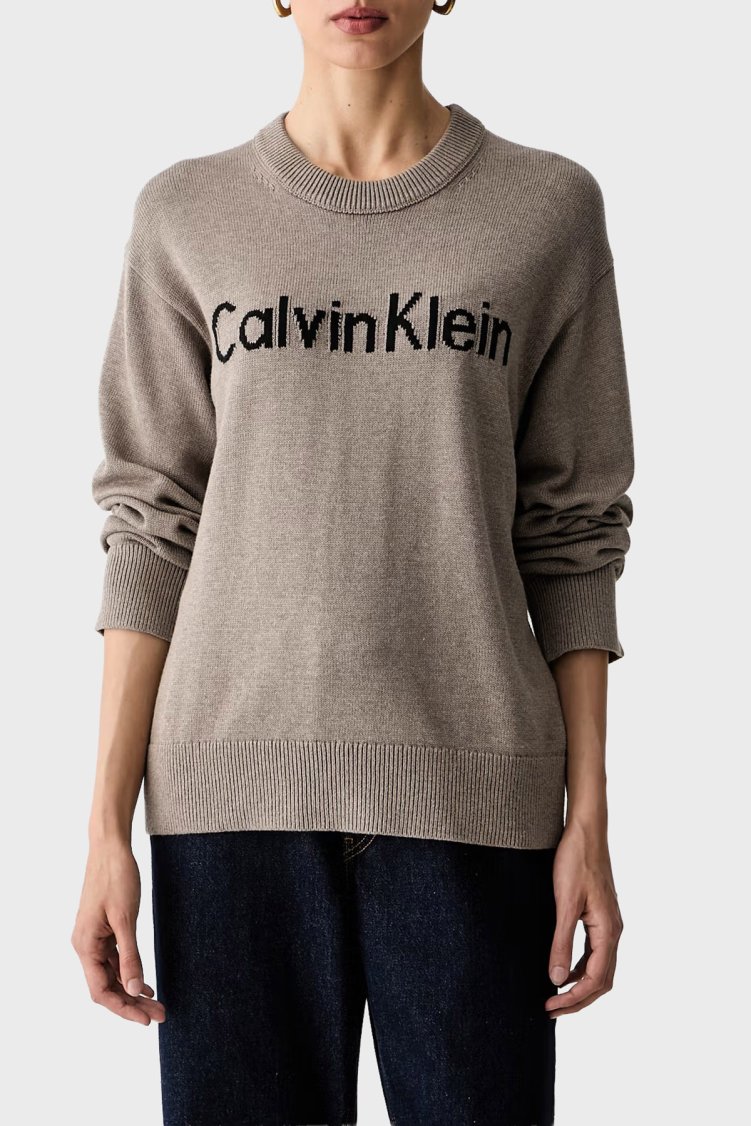 Calvin Klein Logolu % 100 Pamuk Bisiklet Yaka Örme LV044G313GTS7 Kadın Kazak LV044G313G TS7 Kahve - Calvin Klein
