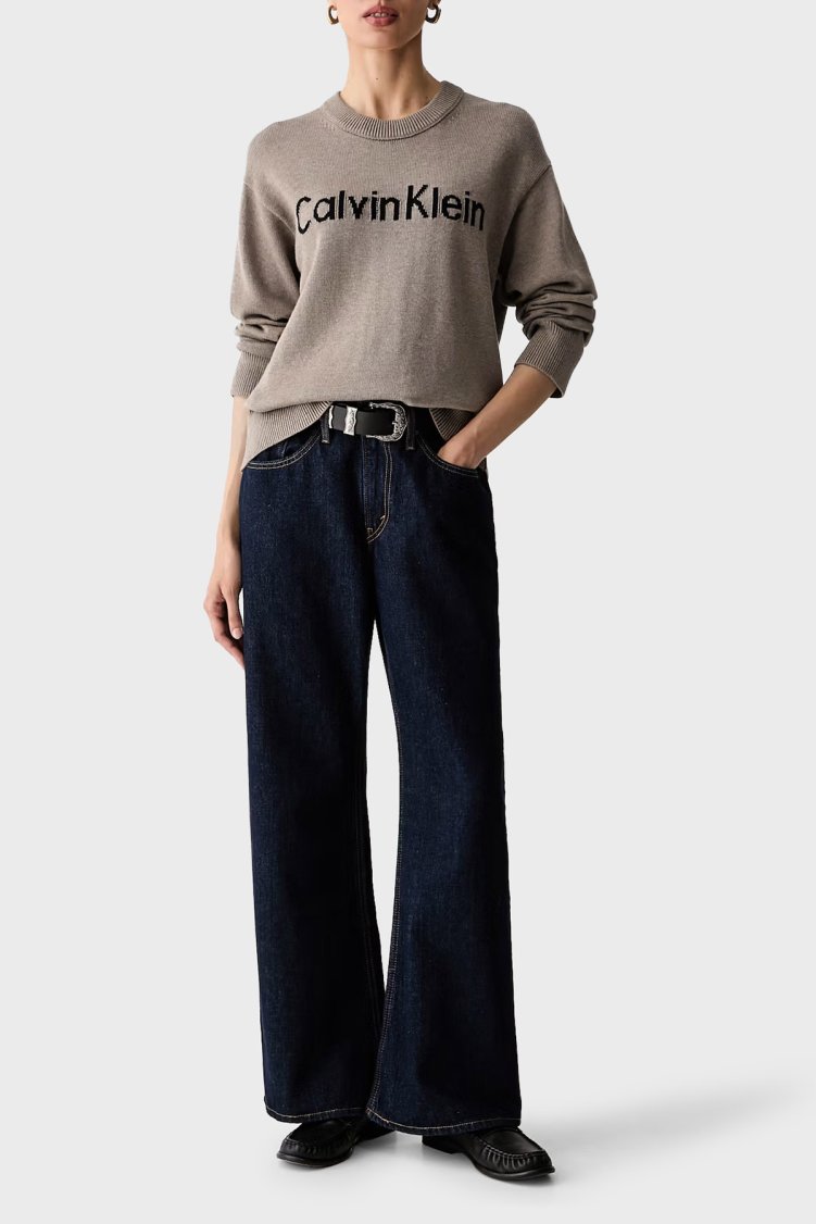 Calvin Klein Logolu % 100 Pamuk Bisiklet Yaka Örme LV044G313GTS7 Kadın Kazak LV044G313G TS7 Kahve - Calvin Klein (1)