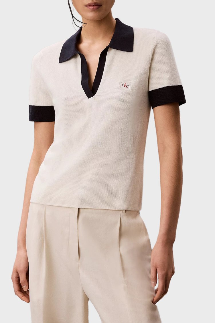 Calvin Klein Logolu % 100 Pamuk Regular Fit LV047G308GYAS Kadın Polo LV047G308G YAS KREM - Calvin Klein
