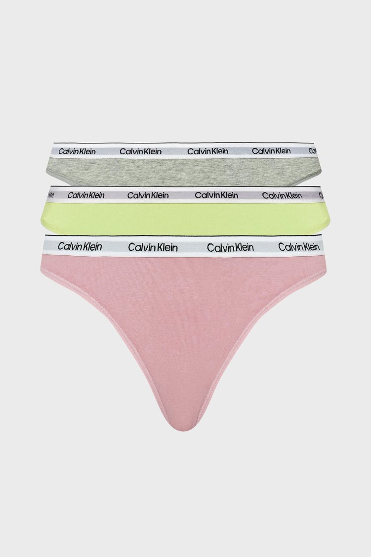 Calvin Klein Logolu Elastik Bel Bantlı Pamuklu 3 Pack 000QD5209EWAB Kadın Külot 000QD5209E WAB Yeşil-Gri-Pembe - Calvin Klein