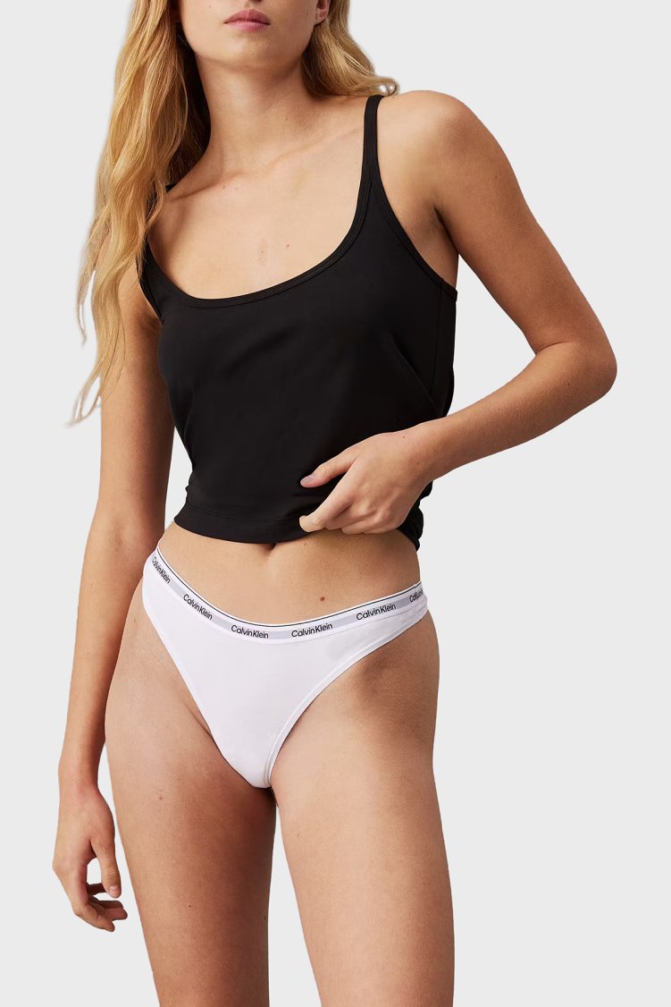 Calvin Klein Logolu Elastik Bel Bantlı Pamuklu Tanga 3 Pack 000QD5209EQA7 Kadın Külot 000QD5209E QA7 Beyaz-Mor-Lila - Calvin Klein (1)