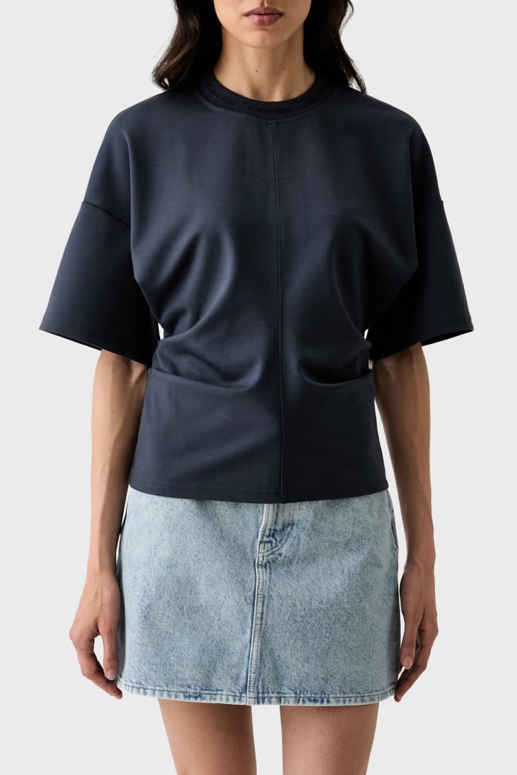 Calvin Klein Logolu Oversize Yuvarlak Yaka LV047G235GCGE Kadın T Shirt LV047G235G CGE LACİVERT - Calvin Klein