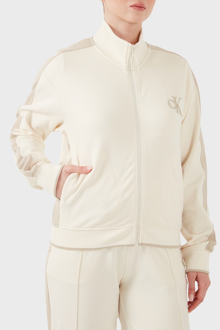 Calvin Klein Logolu Pamuklu Dik Yaka Fermuarlı Kadın Ceket LV047E226G YAC BEJ - Calvin Klein