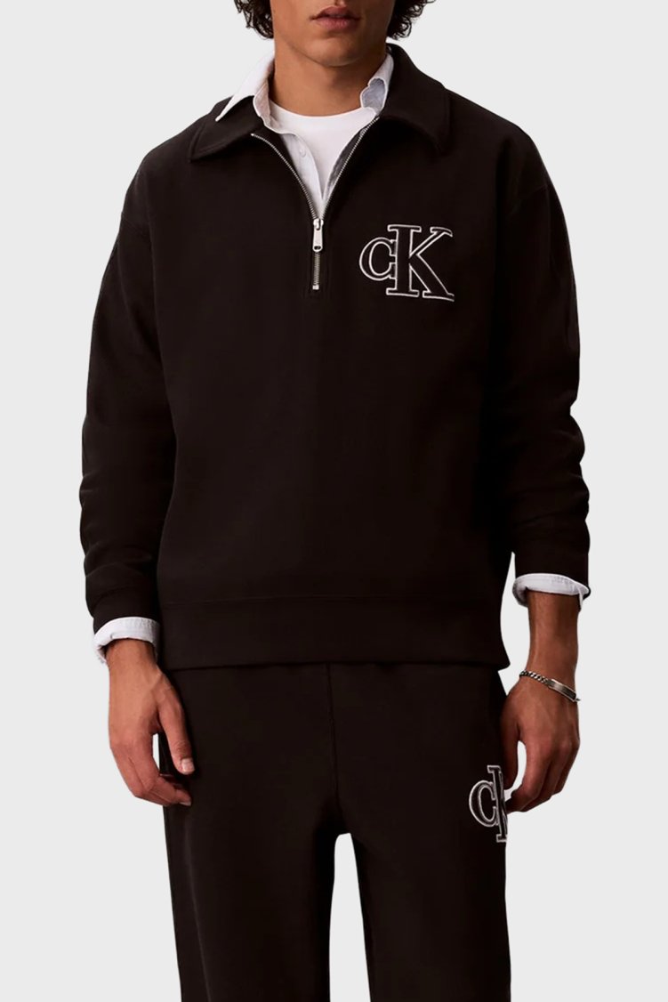 Calvin Klein Logolu Pamuklu Fermuarlı Polo Yaka LV04RH216GUB1 Erkek Sweat LV04RH216G UB1 Siyah - Calvin Klein