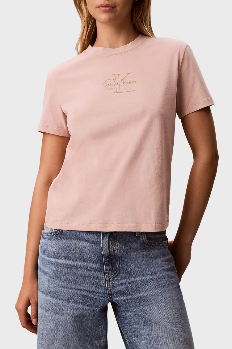 Calvin Klein Logolu Pamuklu Regular Fit Bisiklet Yaka LV047D873G3T3 Kadın T Shirt LV047D873G 3T3 PUDRA - Calvin Klein